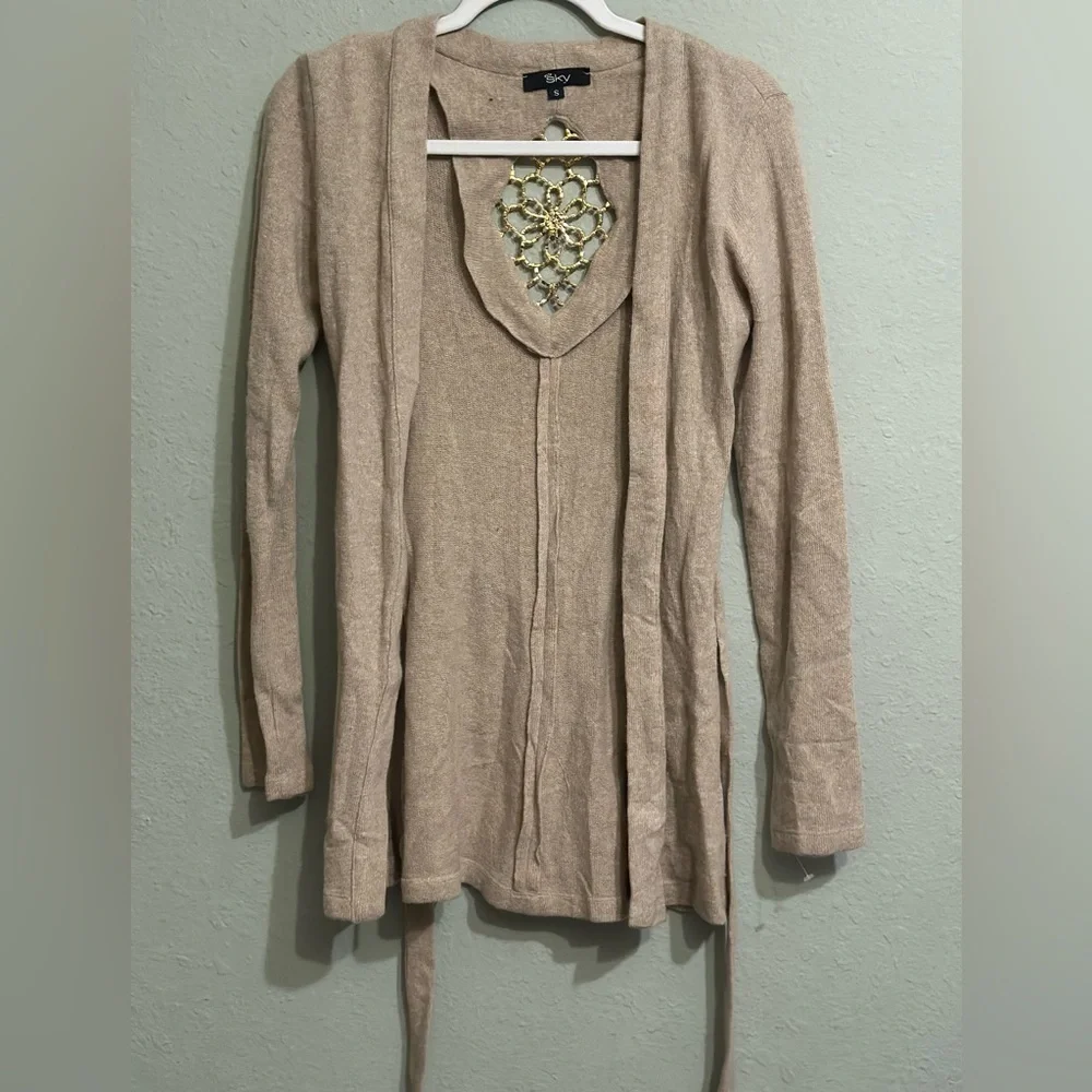 Sky Beige Knit Cardigan with Gold Accents